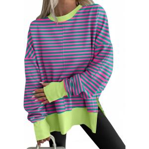 imageANRABESS Women Oversized Sweatshirts Thumbhole Long Sleeve Hoodies Shirts 2025 Fall Side Slit Pullover Top Teen Y2k OutfitsPink Green Striped