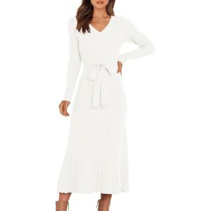 imageANRABESS Womens Long Sleeve Fall Dress 2025 V Neck Aline Tie Waist Ribbed Knit Bodycon Midi Sweater Dresses White Large