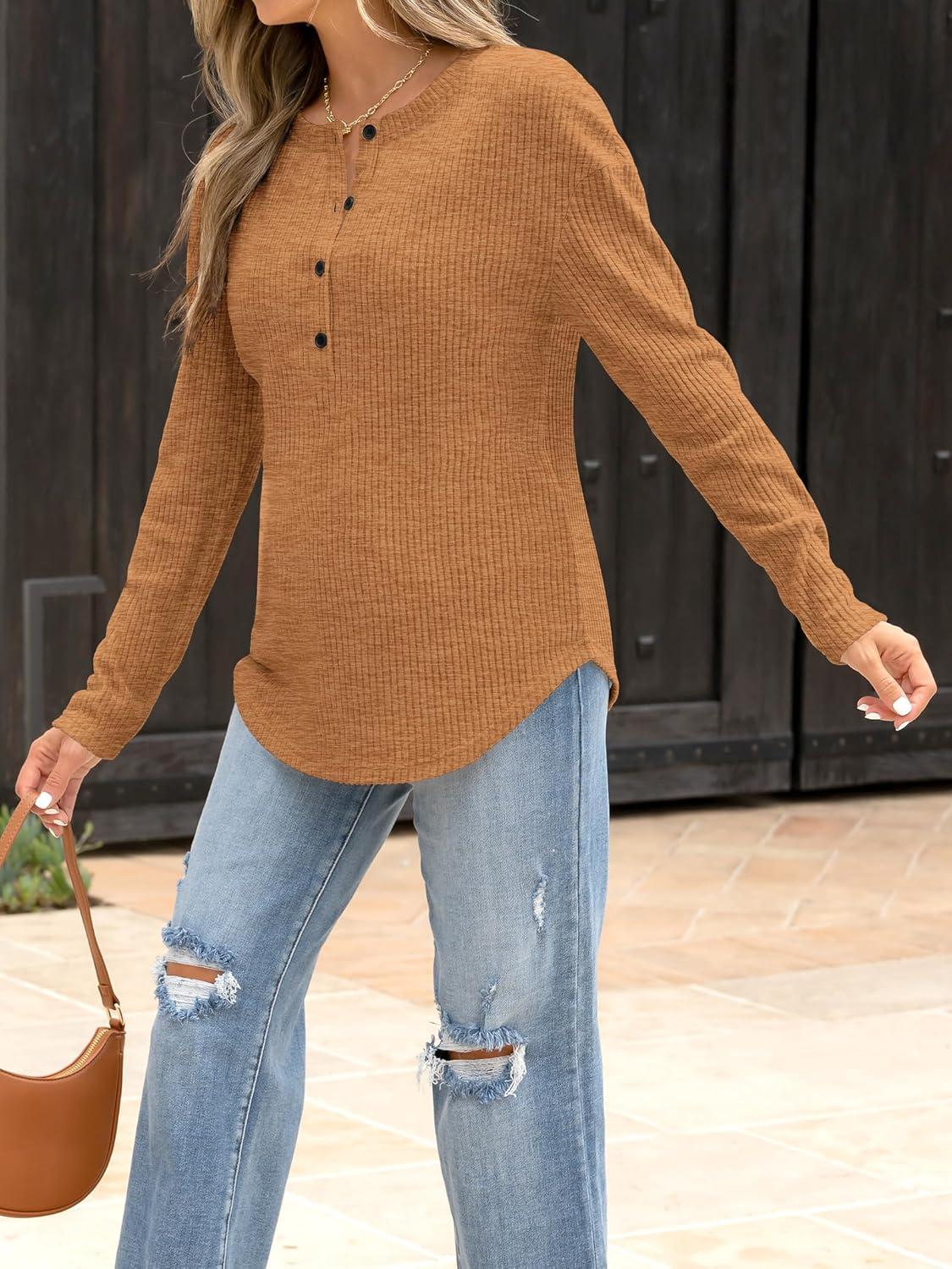 imageANRABESS Long Sleeve Shirts for Women Henley Tops Dressy Casual TShirts Blouses 2025 Fall Lightweight SweatersRust Orange