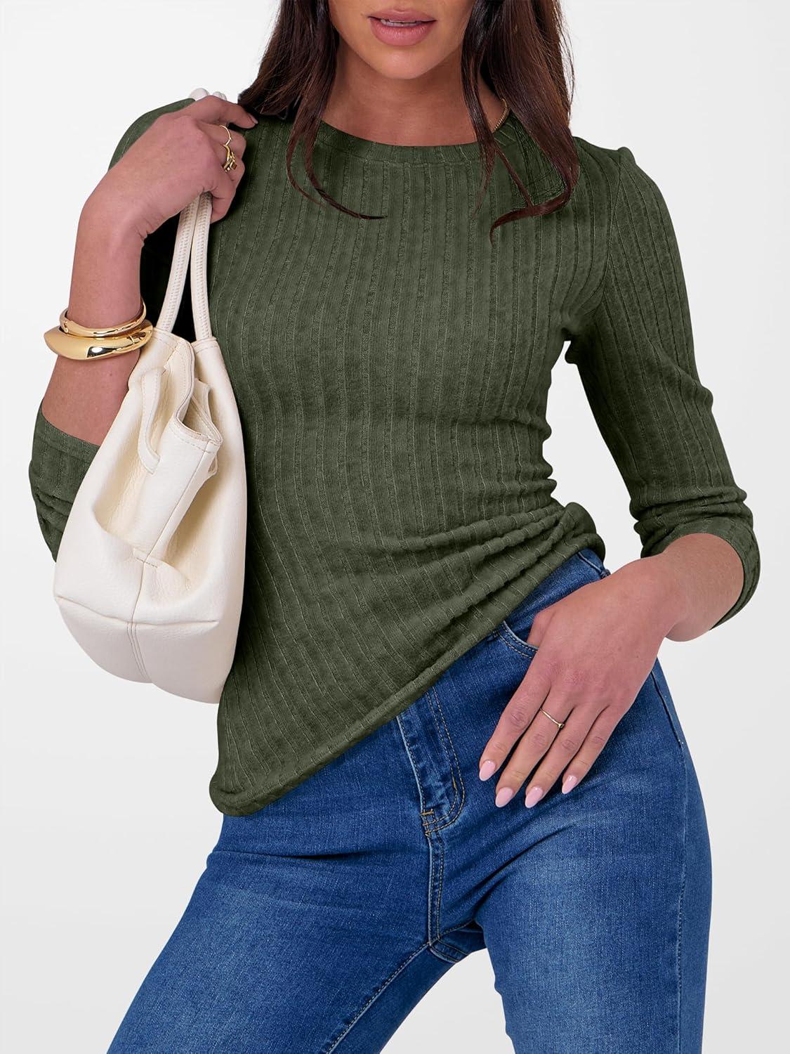 imageANRABESS Long Sleeve Shirts for Women Ribbed Knit Tshirt Slim Fit Crewneck Basic Tee Top 2025 Fall Casual Work Trendy ClothesDeep Green