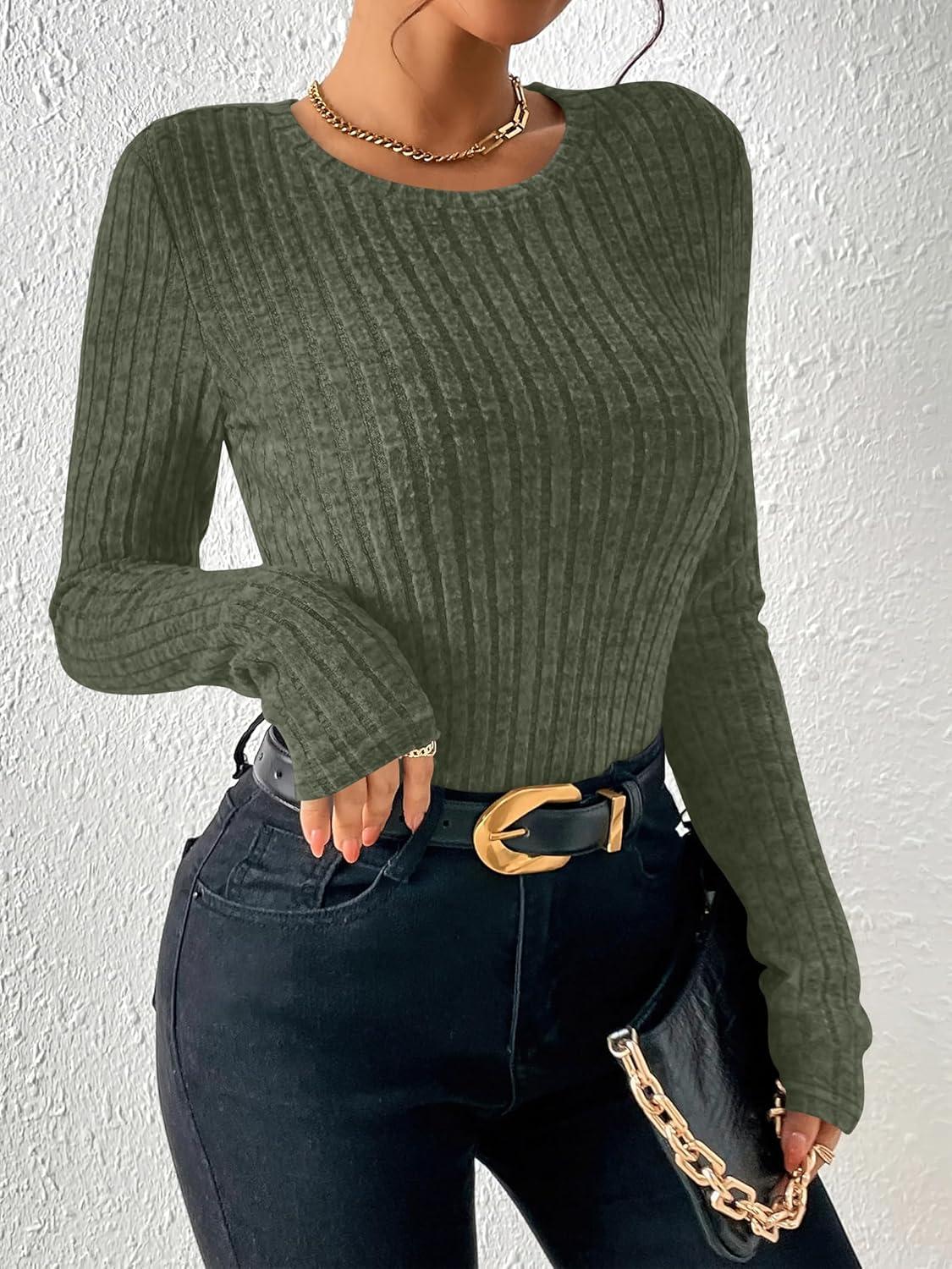 imageANRABESS Long Sleeve Shirts for Women Ribbed Knit Tshirt Slim Fit Crewneck Basic Tee Top 2025 Fall Casual Work Trendy ClothesDeep Green