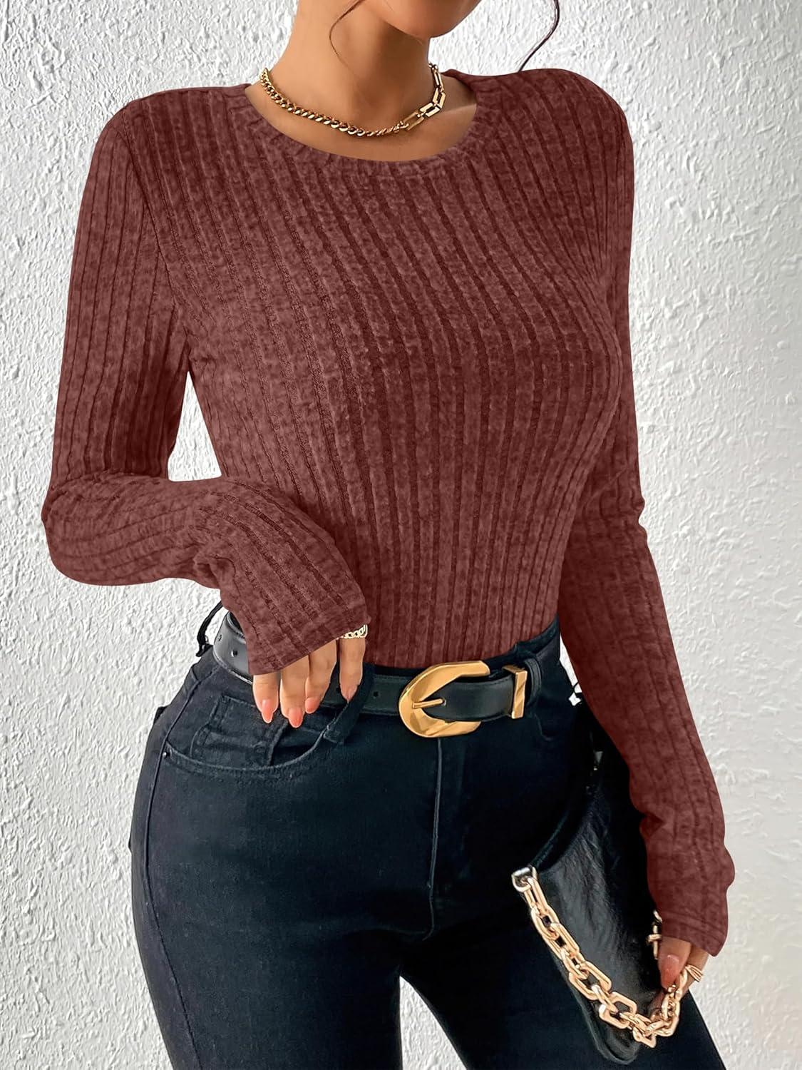 imageANRABESS Long Sleeve Shirts for Women Ribbed Knit Tshirt Slim Fit Crewneck Basic Tee Top 2025 Fall Casual Work Trendy ClothesRust Orange