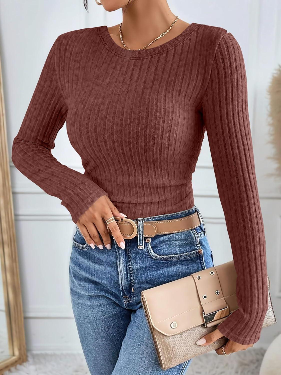 imageANRABESS Long Sleeve Shirts for Women Ribbed Knit Tshirt Slim Fit Crewneck Basic Tee Top 2025 Fall Casual Work Trendy ClothesRust Orange