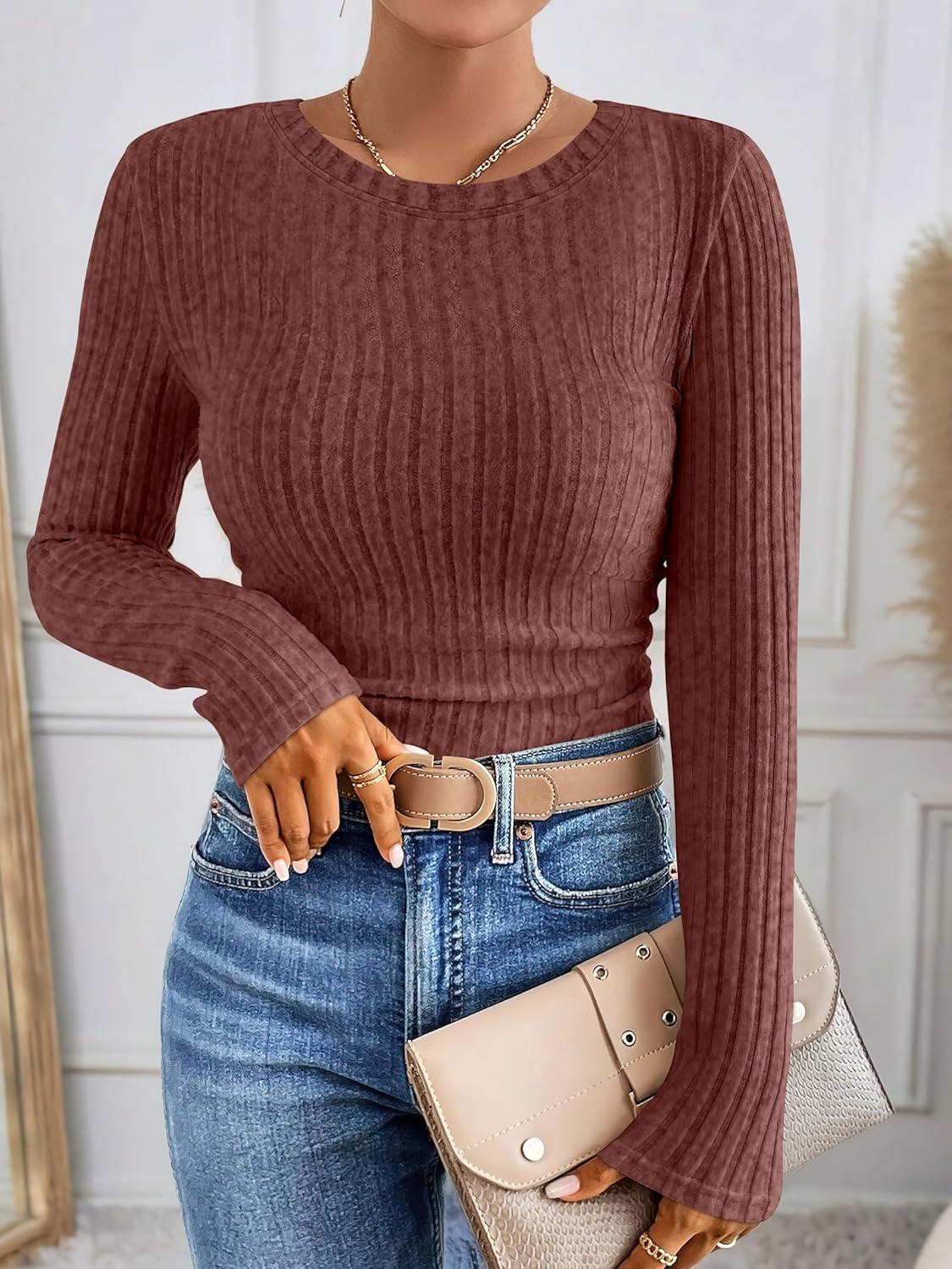 imageANRABESS Long Sleeve Shirts for Women Ribbed Knit Tshirt Slim Fit Crewneck Basic Tee Top 2025 Fall Casual Work Trendy ClothesRust Orange