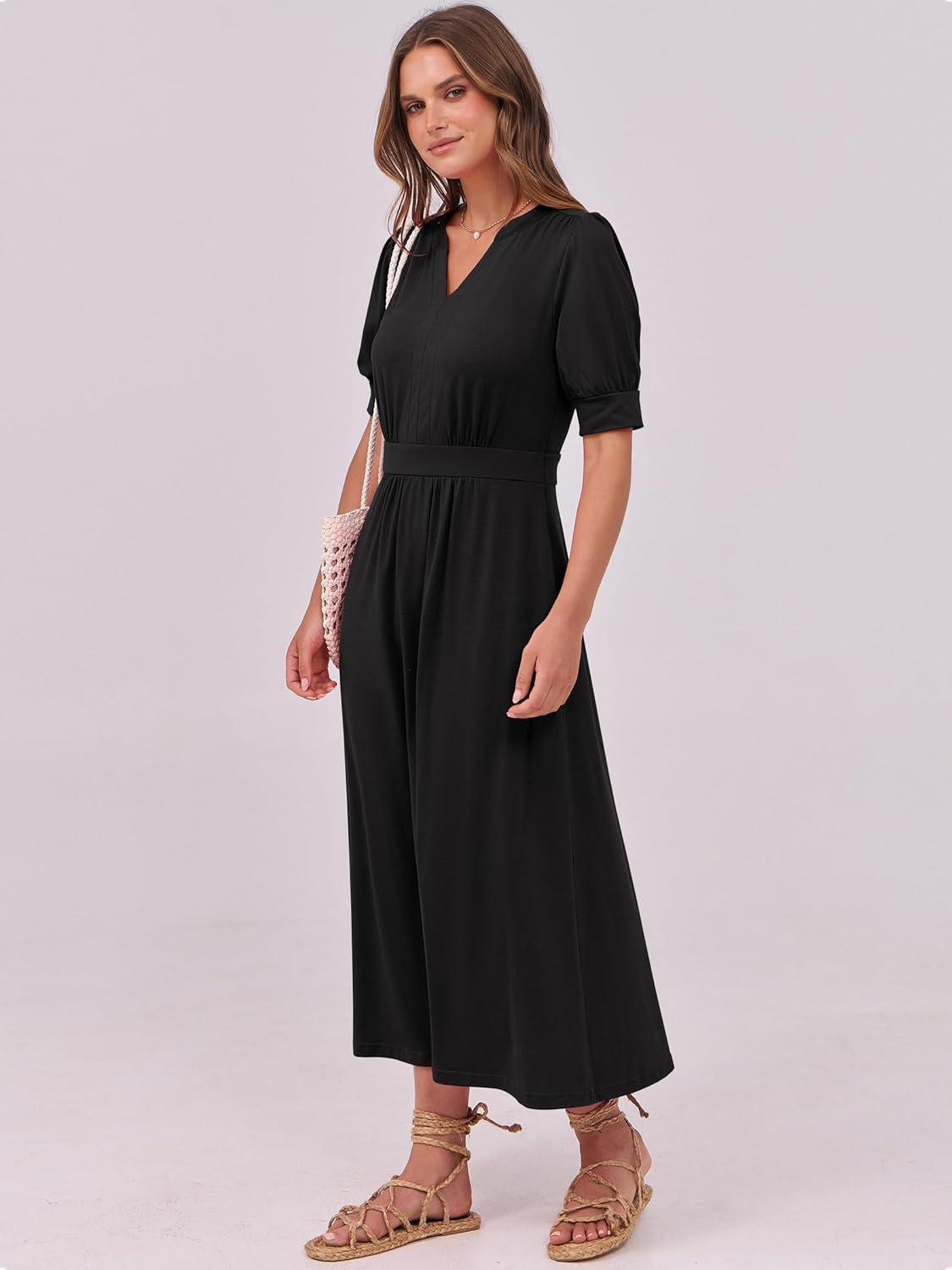 imageANRABESS Women Boho Maxi Dresses Summer Short Sleeve V Neck Flowy Swing ALine Casual Beach Long Dress Black Large