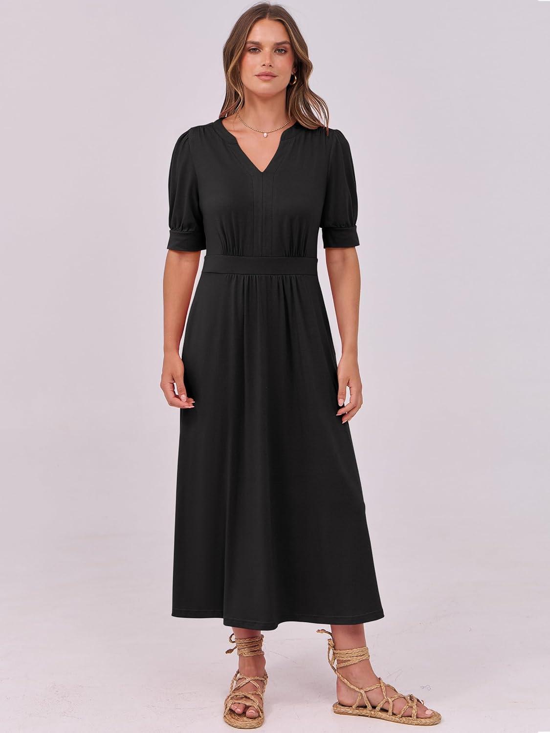 imageANRABESS Women Boho Maxi Dresses Summer Short Sleeve V Neck Flowy Swing ALine Casual Beach Long Dress Black Large