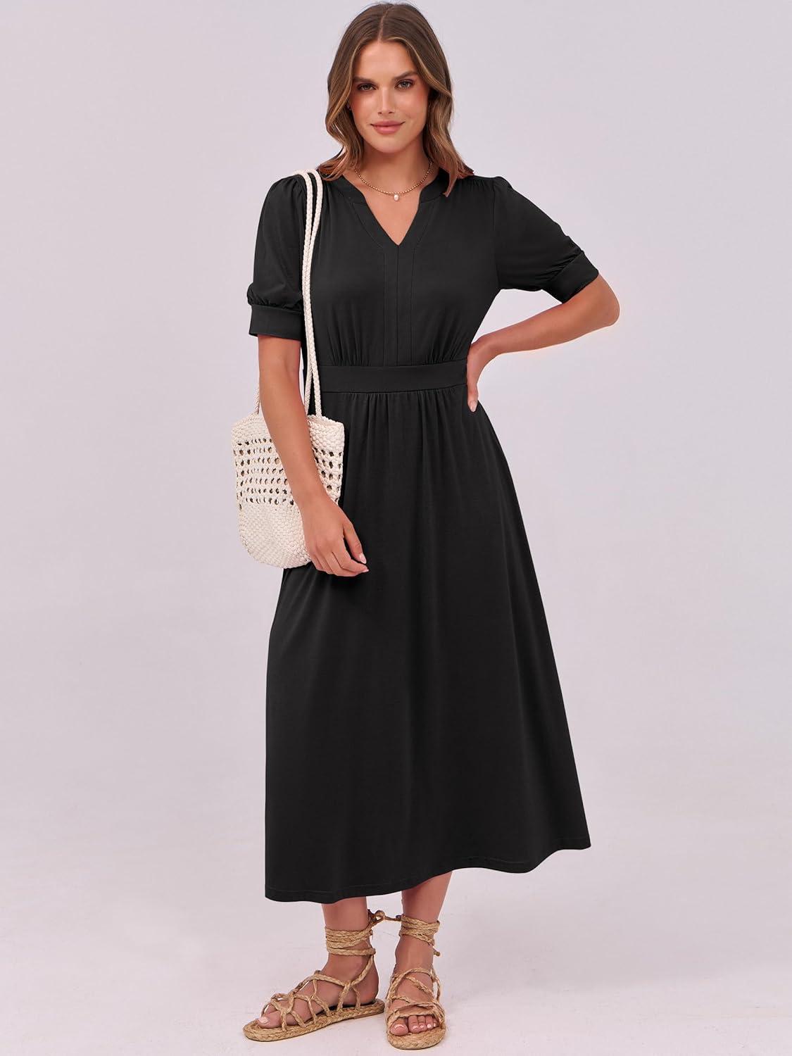 imageANRABESS Women Boho Maxi Dresses Summer Short Sleeve V Neck Flowy Swing ALine Casual Beach Long Dress Black Large