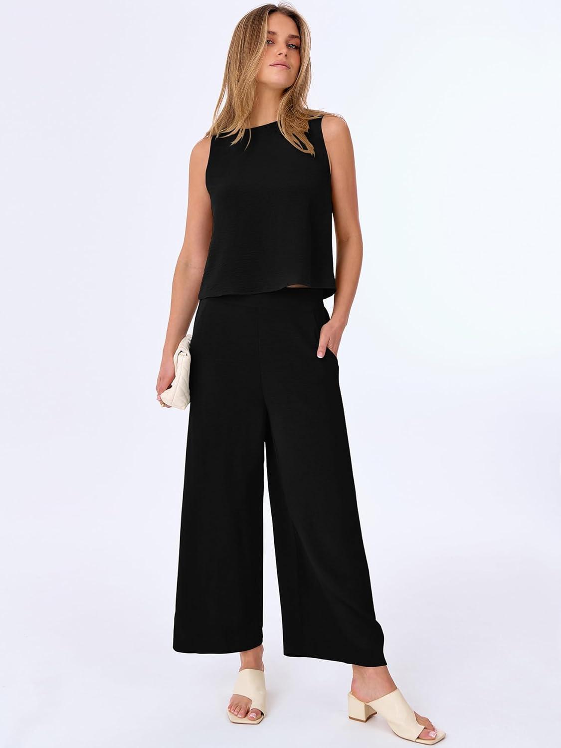 imageANRABESS Women Lounge Sets 2 Piece Outfits Summer Sleeveless Crop Tops Capri Wide Leg Pants Vacation Beach Travel SetsBlack