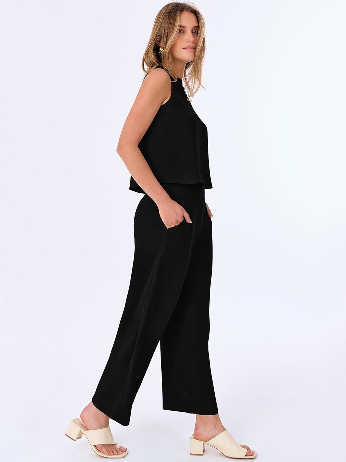 imageANRABESS Women Lounge Sets 2 Piece Outfits Summer Sleeveless Crop Tops Capri Wide Leg Pants Vacation Beach Travel SetsBlack