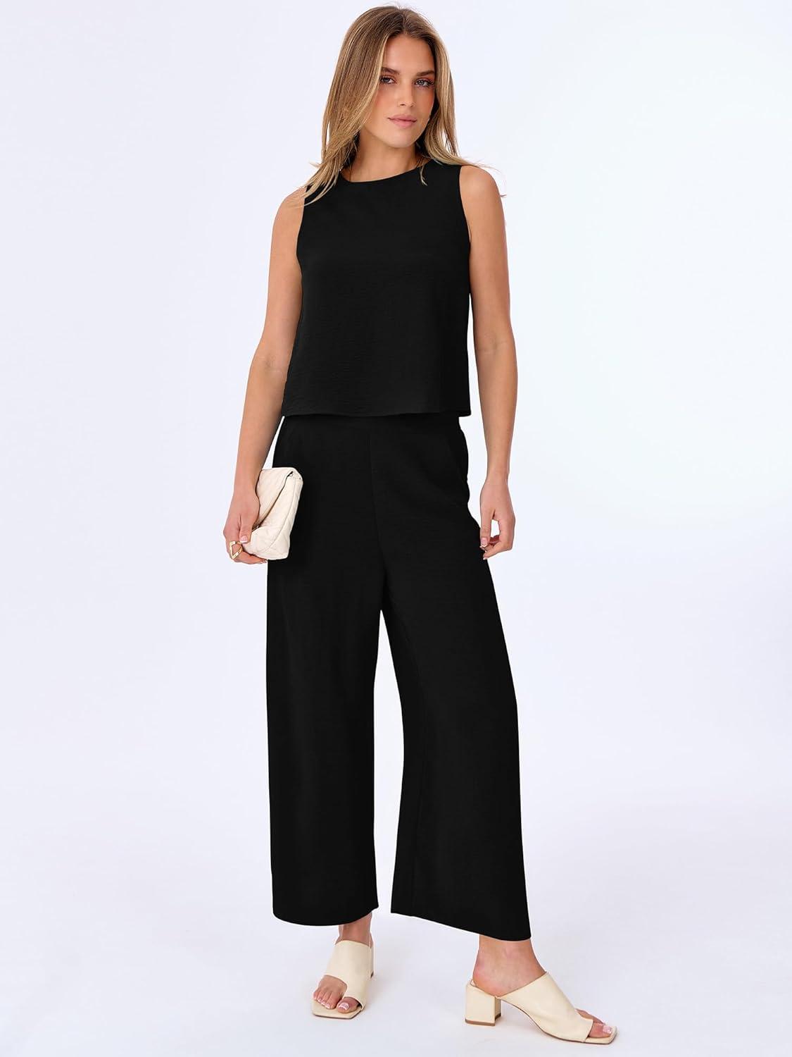 imageANRABESS Women Lounge Sets 2 Piece Outfits Summer Sleeveless Crop Tops Capri Wide Leg Pants Vacation Beach Travel SetsBlack