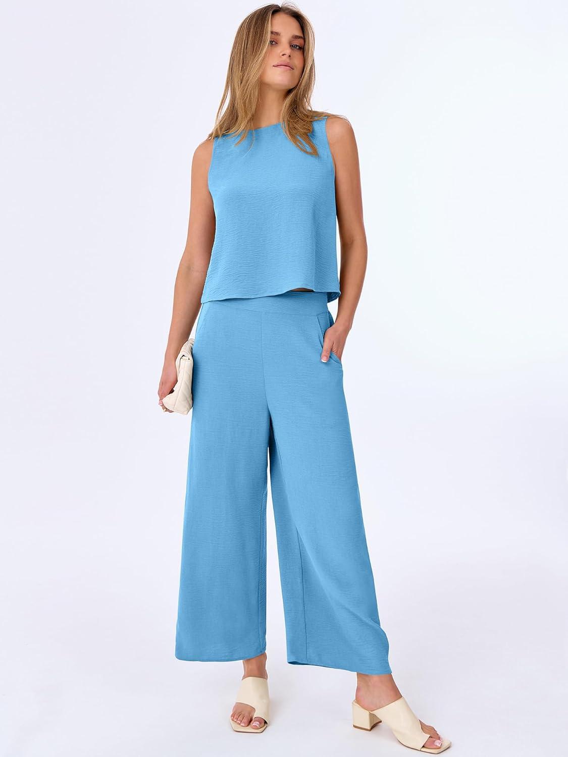 imageANRABESS Women Lounge Sets 2 Piece Outfits Summer Sleeveless Crop Tops Capri Wide Leg Pants Vacation Beach Travel SetsBright Blue