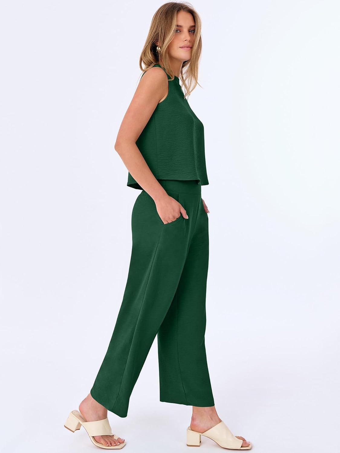 imageANRABESS Women Lounge Sets 2 Piece Outfits Summer Sleeveless Crop Tops Capri Wide Leg Pants Vacation Beach Travel SetsDark Green