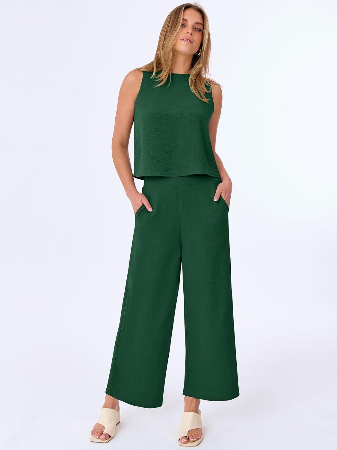 imageANRABESS Women Lounge Sets 2 Piece Outfits Summer Sleeveless Crop Tops Capri Wide Leg Pants Vacation Beach Travel SetsDark Green