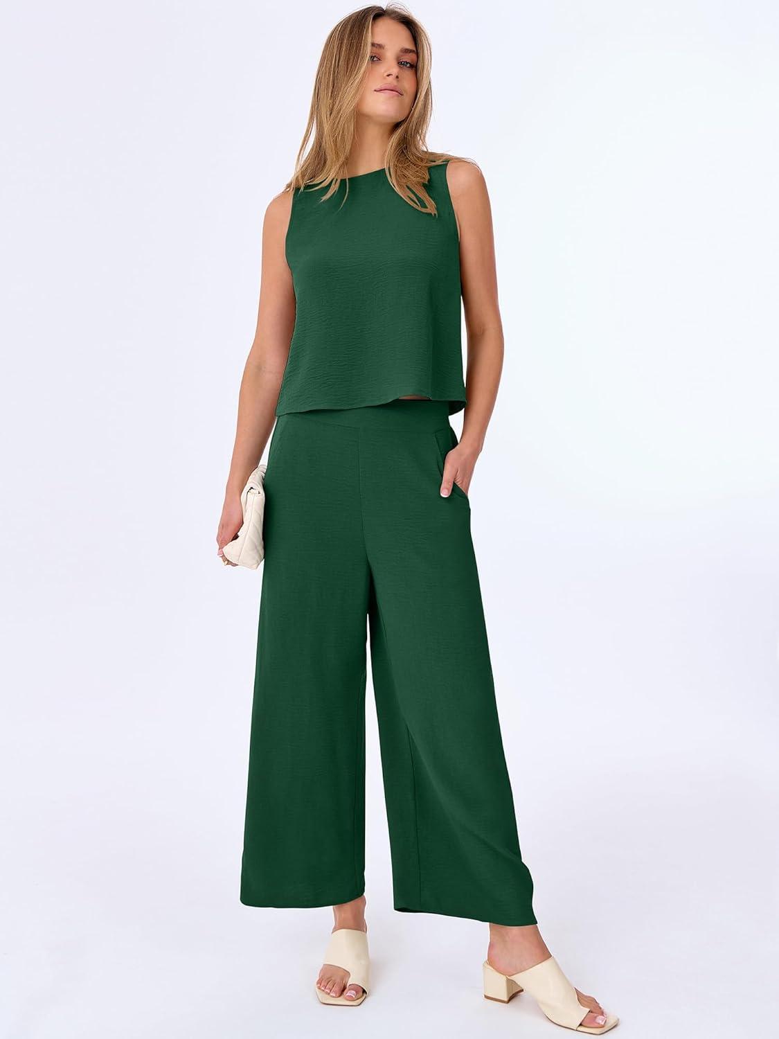 imageANRABESS Women Lounge Sets 2 Piece Outfits Summer Sleeveless Crop Tops Capri Wide Leg Pants Vacation Beach Travel SetsDark Green