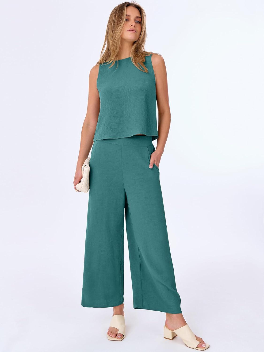 imageANRABESS Women Lounge Sets 2 Piece Outfits Summer Sleeveless Crop Tops Capri Wide Leg Pants Vacation Beach Travel SetsLake