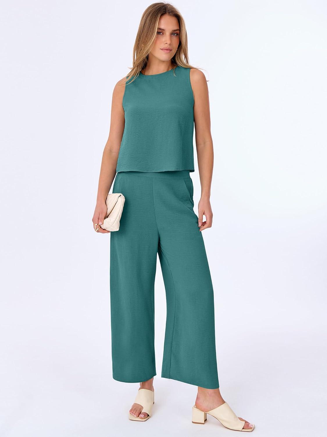 imageANRABESS Women Lounge Sets 2 Piece Outfits Summer Sleeveless Crop Tops Capri Wide Leg Pants Vacation Beach Travel SetsLake