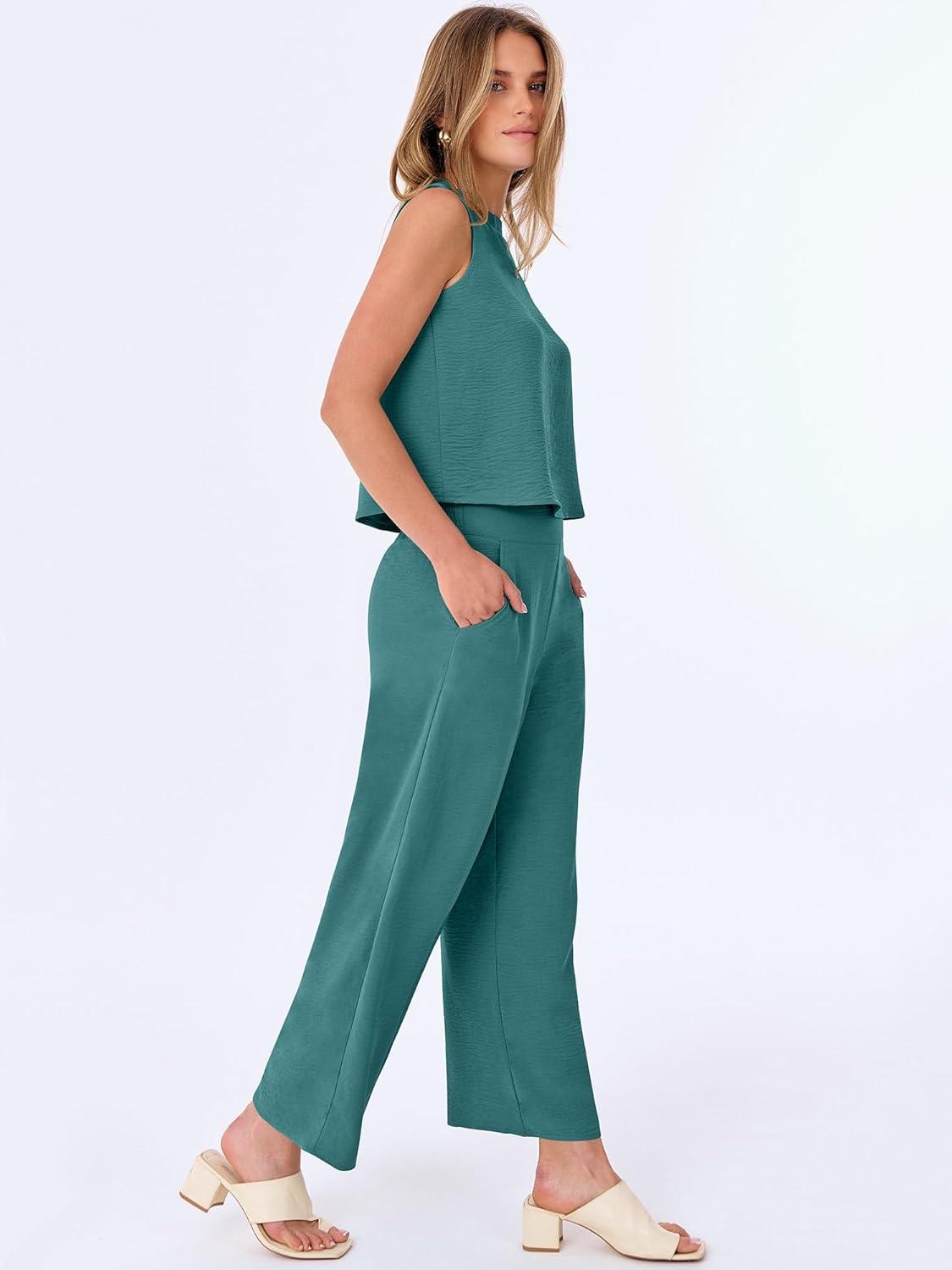 imageANRABESS Women Lounge Sets 2 Piece Outfits Summer Sleeveless Crop Tops Capri Wide Leg Pants Vacation Beach Travel SetsLake