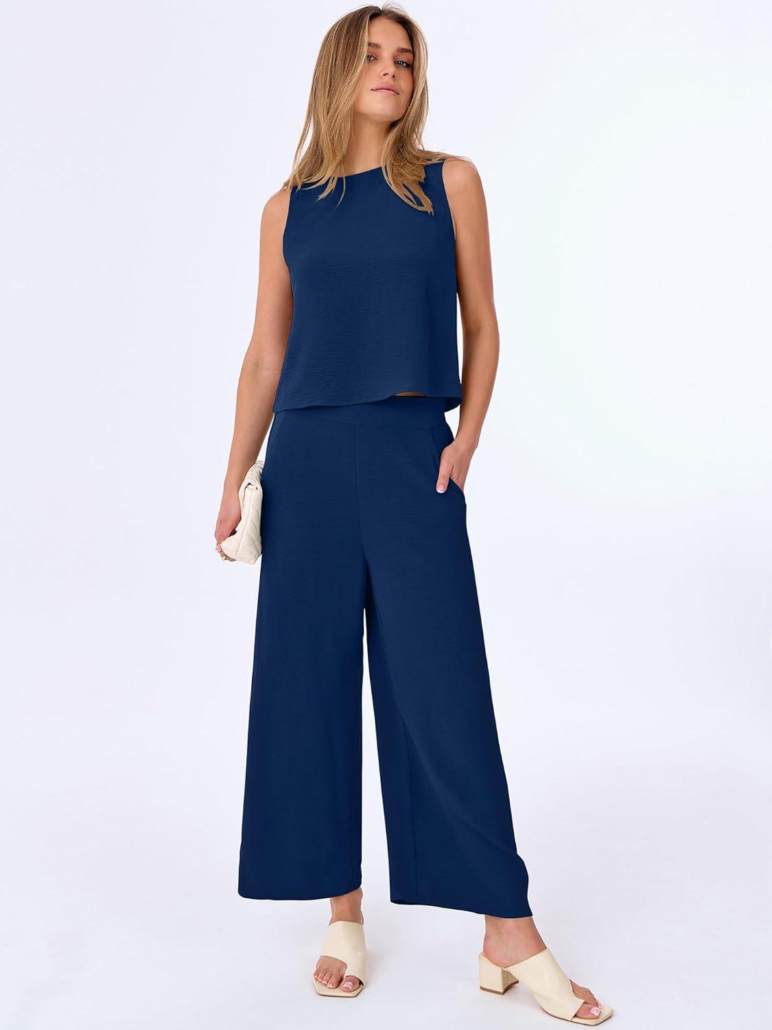 imageANRABESS Women Lounge Sets 2 Piece Outfits Summer Sleeveless Crop Tops Capri Wide Leg Pants Vacation Beach Travel SetsNavy Blue