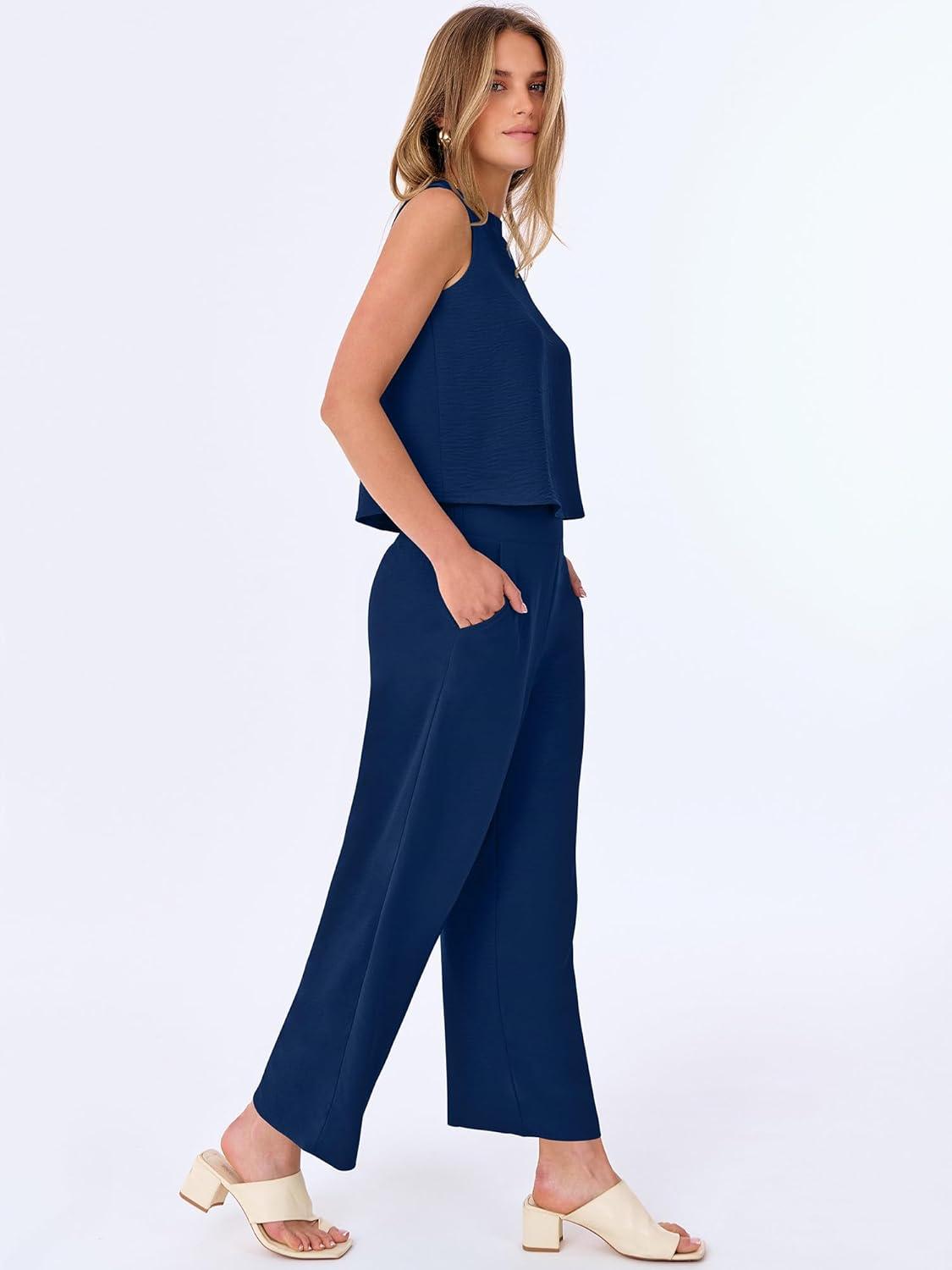 imageANRABESS Women Lounge Sets 2 Piece Outfits Summer Sleeveless Crop Tops Capri Wide Leg Pants Vacation Beach Travel SetsNavy Blue