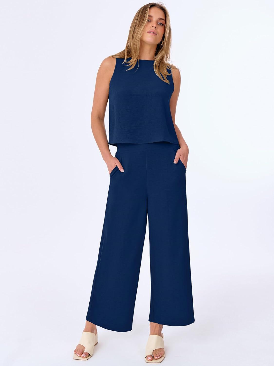 imageANRABESS Women Lounge Sets 2 Piece Outfits Summer Sleeveless Crop Tops Capri Wide Leg Pants Vacation Beach Travel SetsNavy Blue