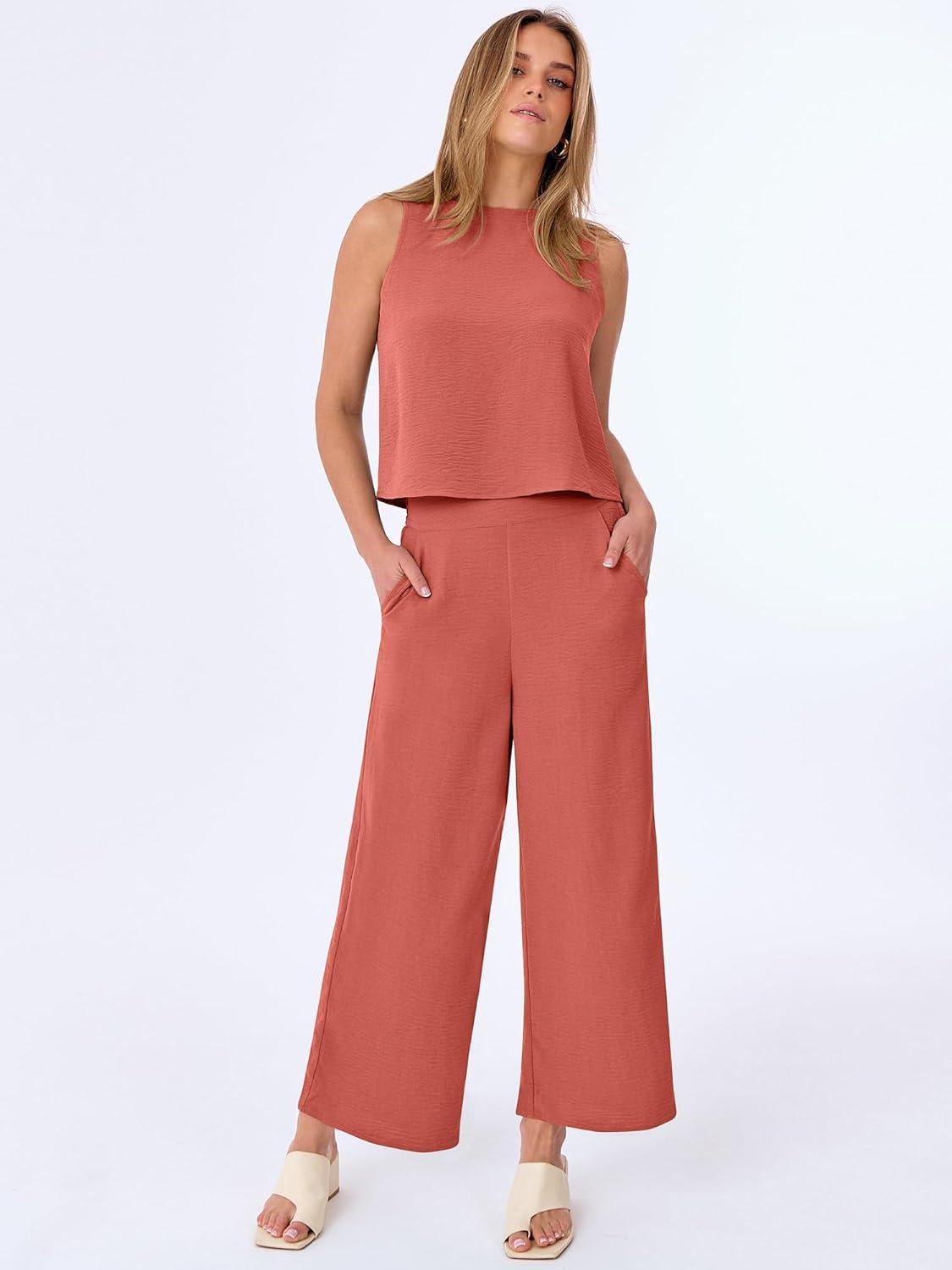 imageANRABESS Women Lounge Sets 2 Piece Outfits Summer Sleeveless Crop Tops Capri Wide Leg Pants Vacation Beach Travel SetsOrange Red