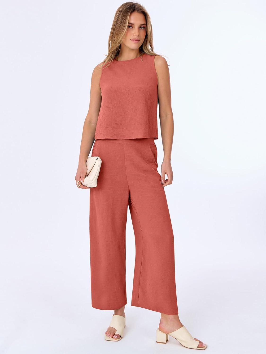 imageANRABESS Women Lounge Sets 2 Piece Outfits Summer Sleeveless Crop Tops Capri Wide Leg Pants Vacation Beach Travel SetsOrange Red