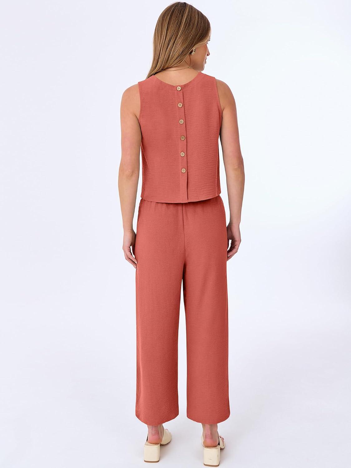 imageANRABESS Women Lounge Sets 2 Piece Outfits Summer Sleeveless Crop Tops Capri Wide Leg Pants Vacation Beach Travel SetsOrange Red