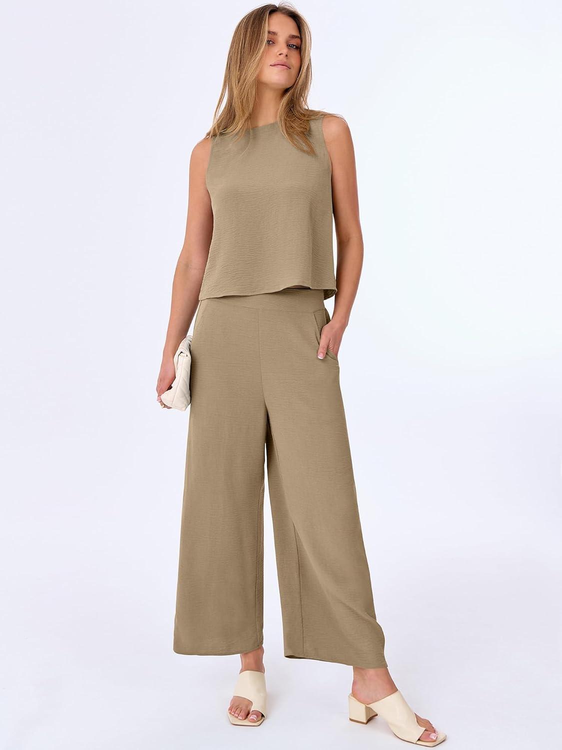 imageANRABESS Women Lounge Sets 2 Piece Outfits Summer Sleeveless Crop Tops Capri Wide Leg Pants Vacation Beach Travel SetsYellow Khaki