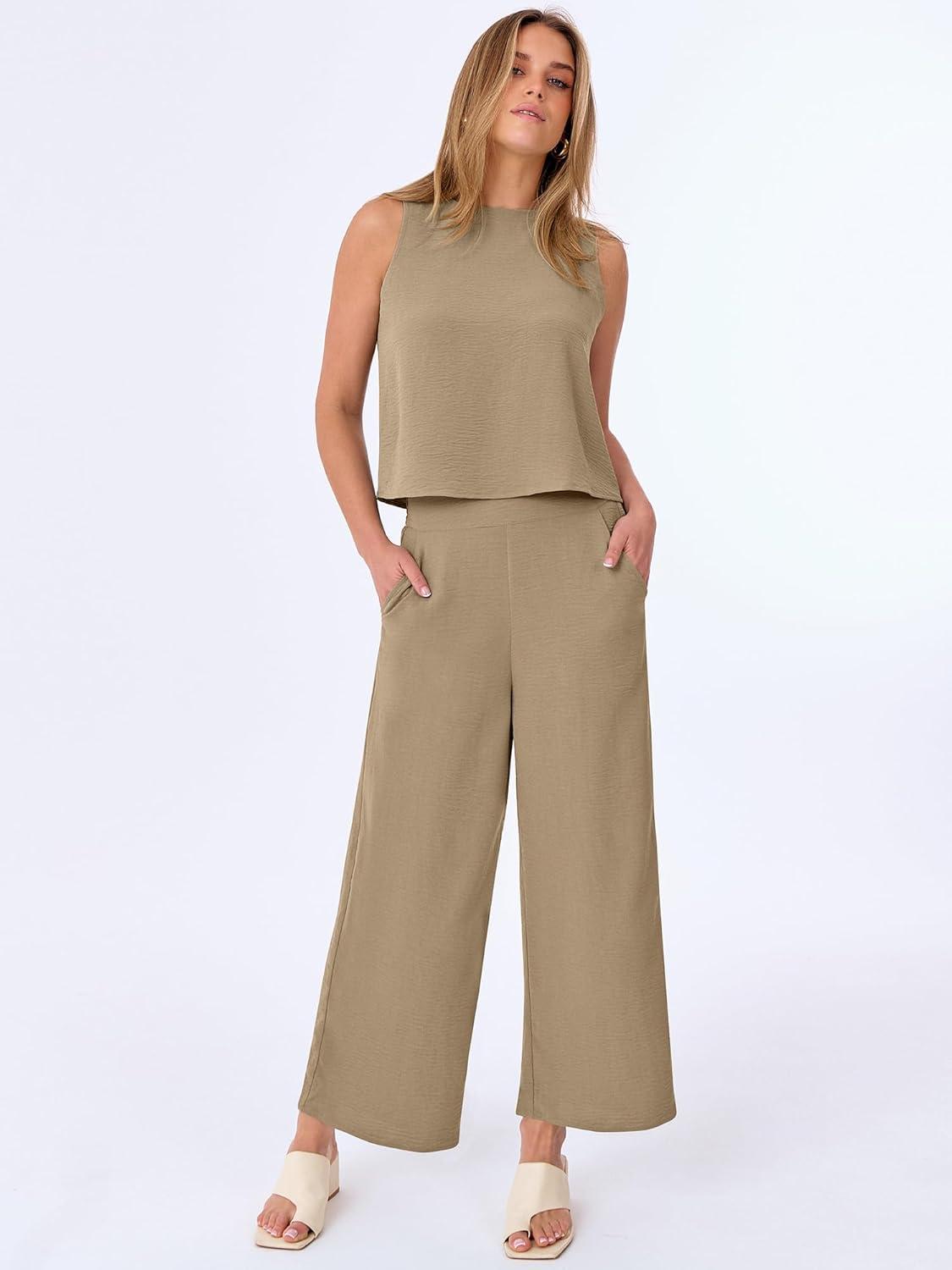 imageANRABESS Women Lounge Sets 2 Piece Outfits Summer Sleeveless Crop Tops Capri Wide Leg Pants Vacation Beach Travel SetsYellow Khaki