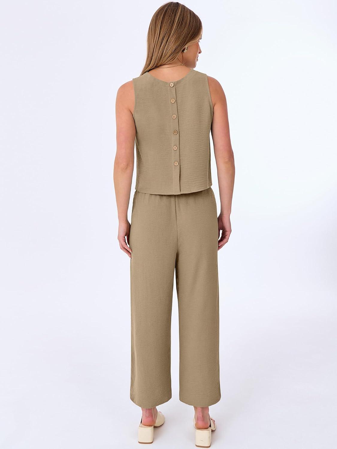 imageANRABESS Women Lounge Sets 2 Piece Outfits Summer Sleeveless Crop Tops Capri Wide Leg Pants Vacation Beach Travel SetsYellow Khaki