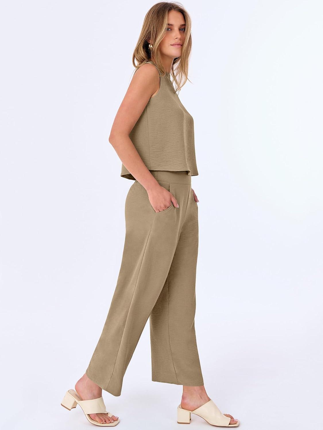 imageANRABESS Women Lounge Sets 2 Piece Outfits Summer Sleeveless Crop Tops Capri Wide Leg Pants Vacation Beach Travel SetsYellow Khaki