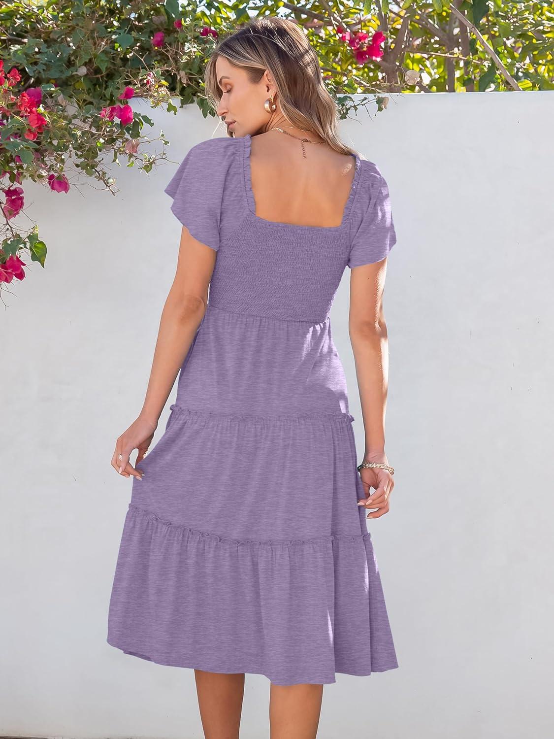 imageANRABESS Women Summer Casual Square Neck Flutter Sleeve Boho Smocked ALine Flowy Tiered Modest Midi Sun Dress with PocketsLight Purple