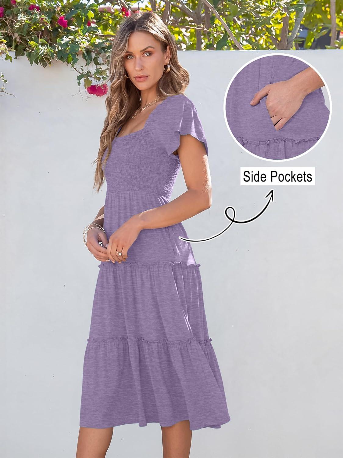 imageANRABESS Women Summer Casual Square Neck Flutter Sleeve Boho Smocked ALine Flowy Tiered Modest Midi Sun Dress with PocketsLight Purple