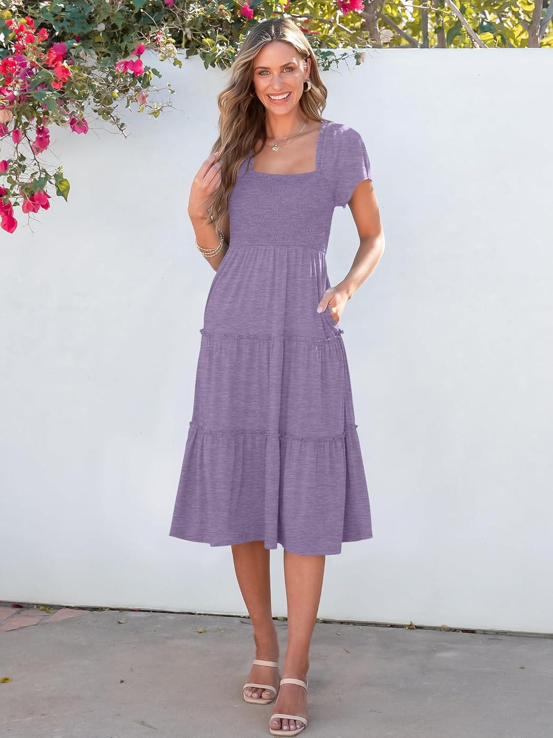 imageANRABESS Women Summer Casual Square Neck Flutter Sleeve Boho Smocked ALine Flowy Tiered Modest Midi Sun Dress with PocketsLight Purple