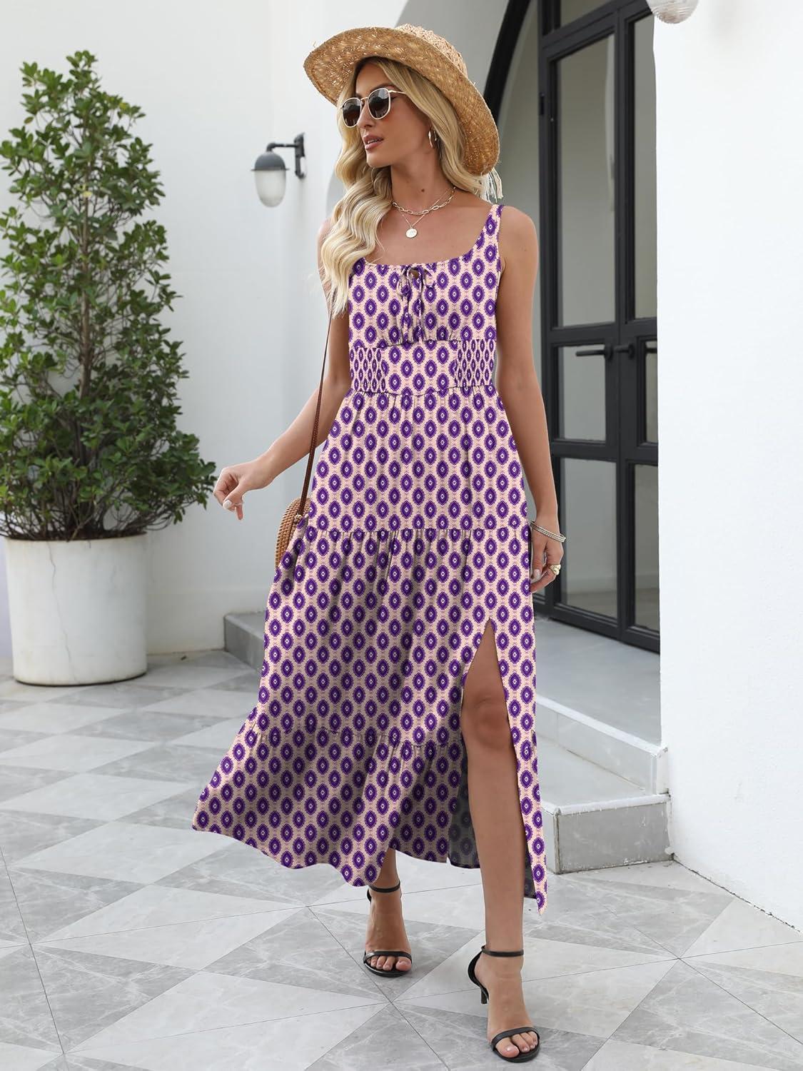imageANRABESS Women Summer Maxi Dress 2025 Square Neck Sleeveless Casual Boho Floral High Waist Slit Travel Vacation SundressFloral Purple