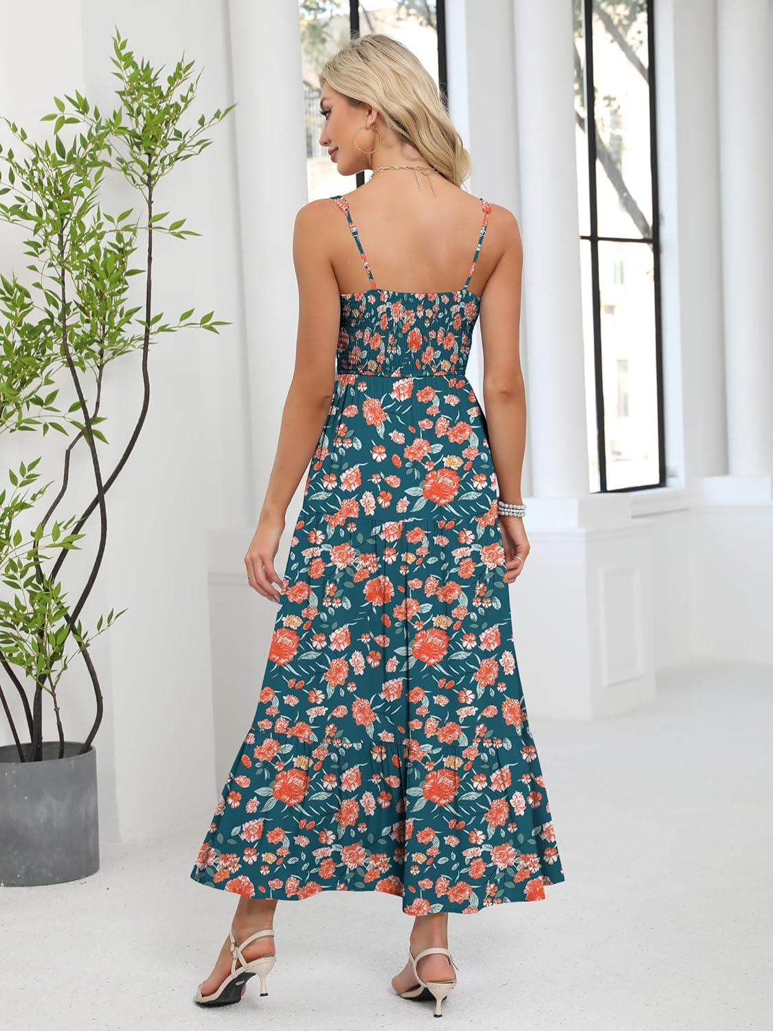 imageANRABESS Women Summer Maxi Dress 2025 Square Neck Sleeveless Casual Boho Floral High Waist Slit Travel Vacation SundressFloral Teal