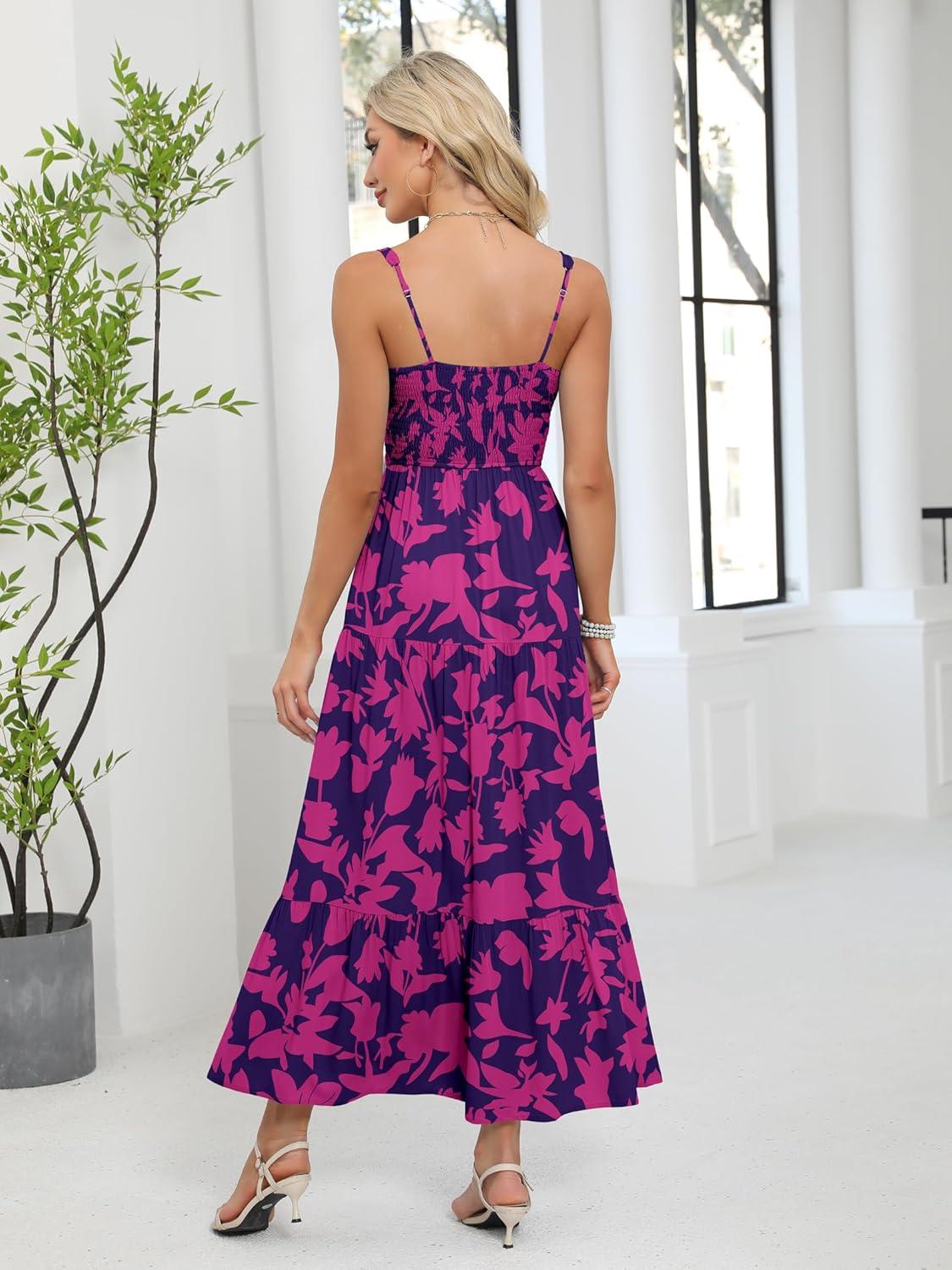 imageANRABESS Women Summer Maxi Dress 2025 Square Neck Sleeveless Casual Boho Floral High Waist Slit Travel Vacation SundressNavy Hot Pink Floral