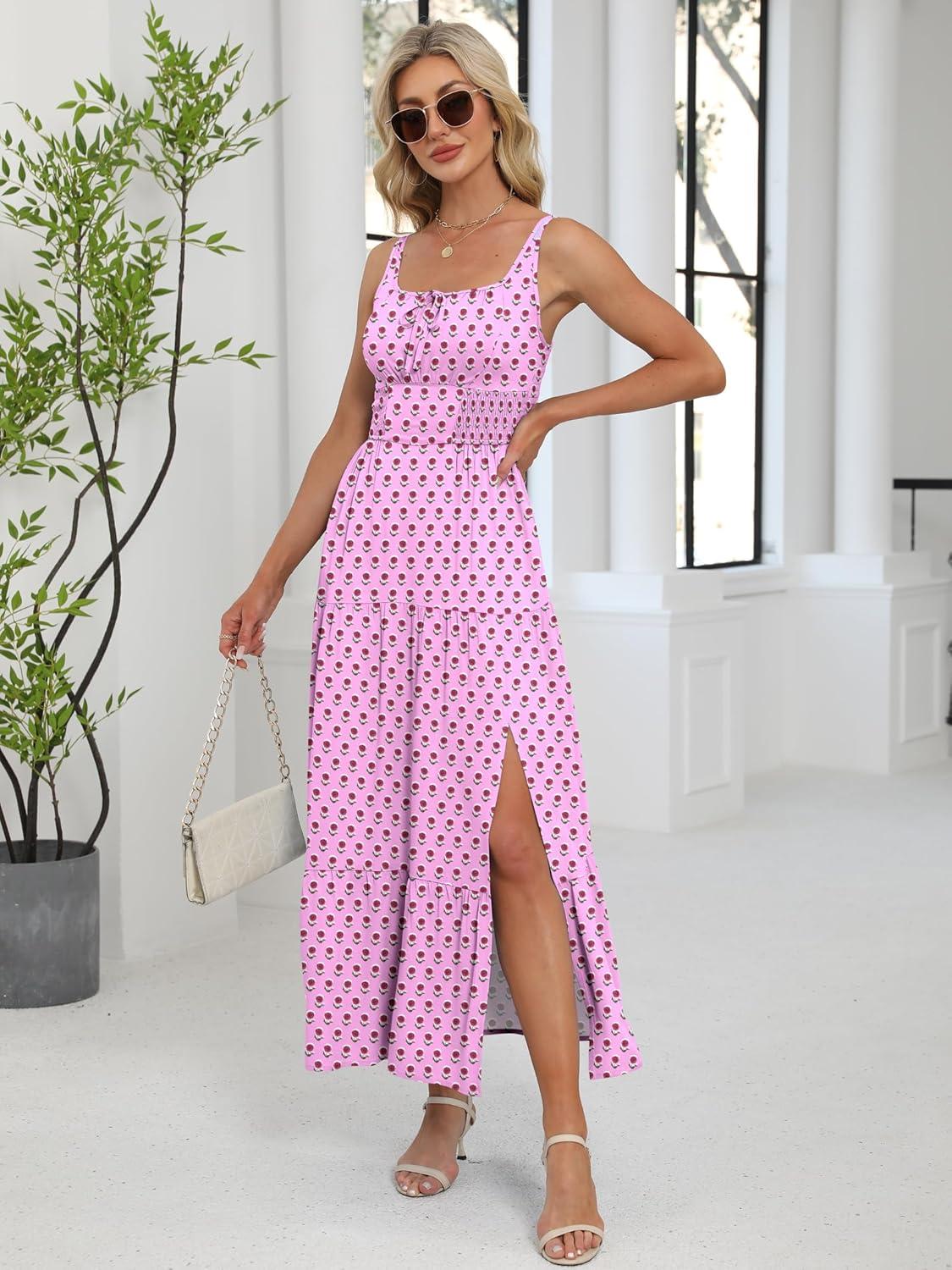 imageANRABESS Women Summer Maxi Dress 2025 Square Neck Sleeveless Casual Boho Floral High Waist Slit Travel Vacation SundressPink Purple Floral