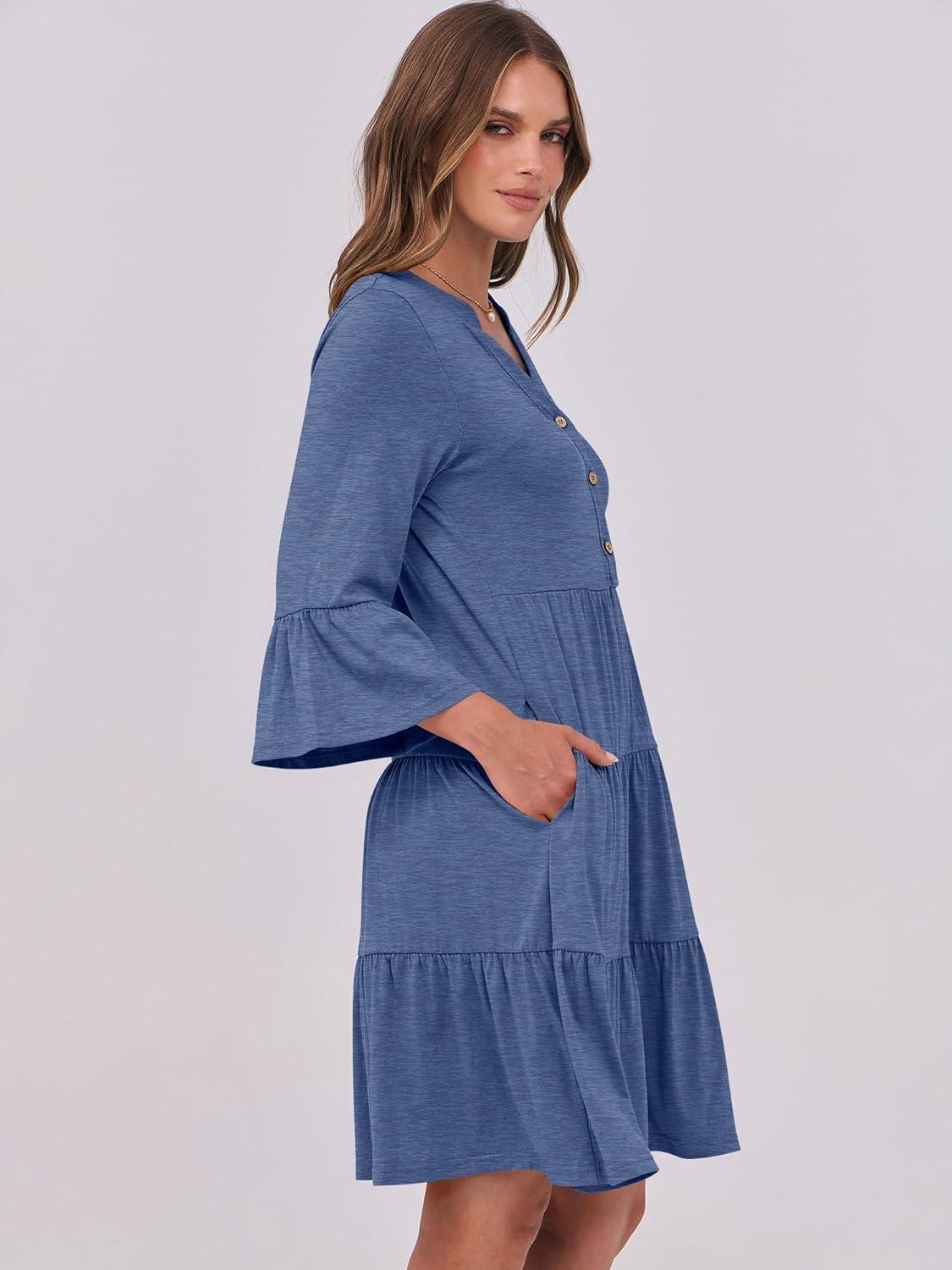 imageANRABESS Women Summer Mini Dress V Neck Swing Tiered A Line Short Casual Beach Dresses with Pockets 2025 Vacation Large Deep Blue