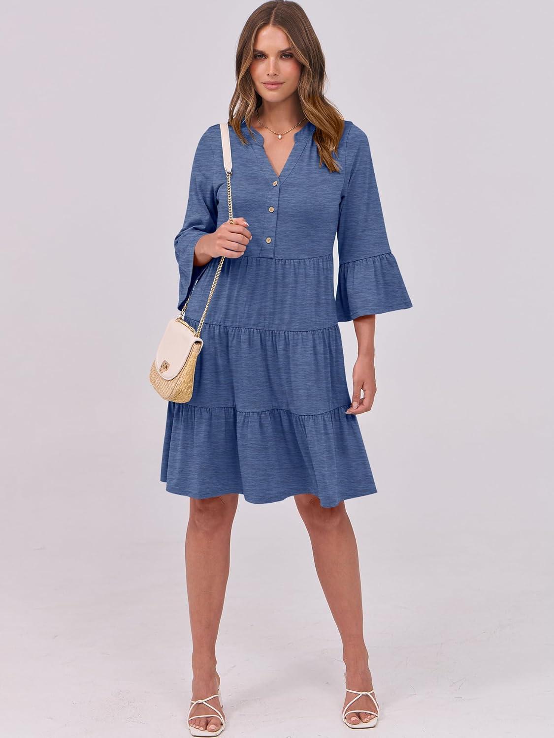 imageANRABESS Women Summer Mini Dress V Neck Swing Tiered A Line Short Casual Beach Dresses with Pockets 2025 Vacation Large Deep Blue