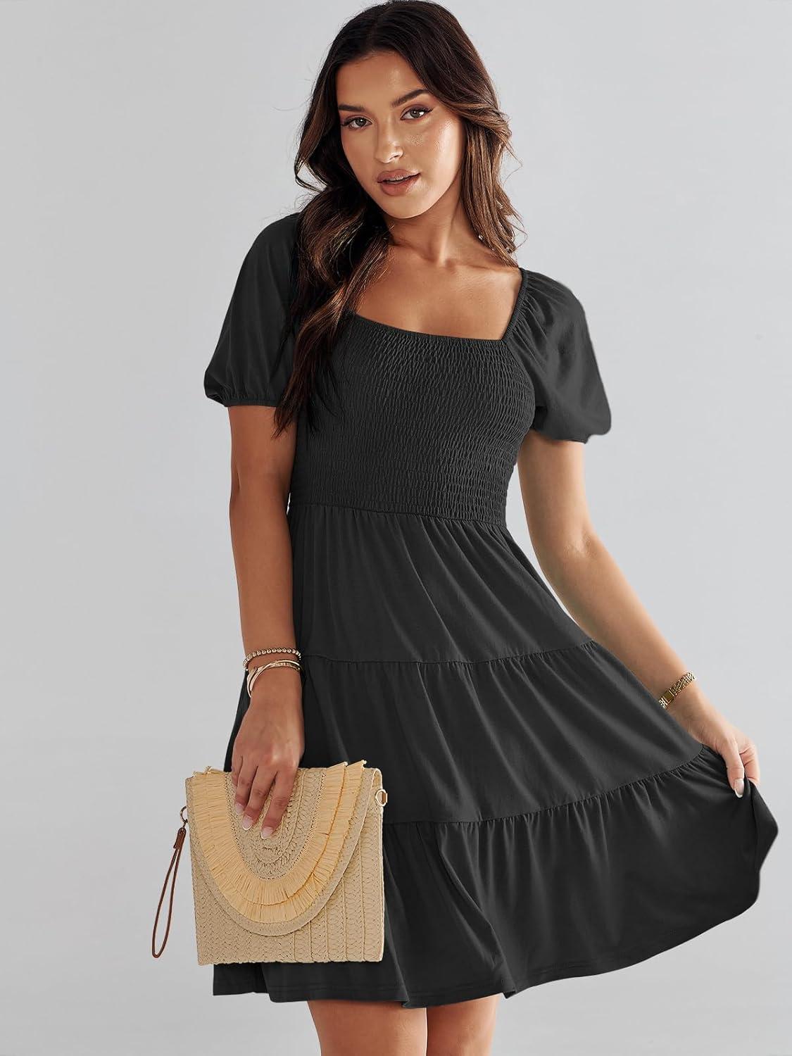 imageANRABESS Womens 2025 Summer Casual Dress Square Neck Puff Sleeve Boho Beach Vacation Short DressBlack