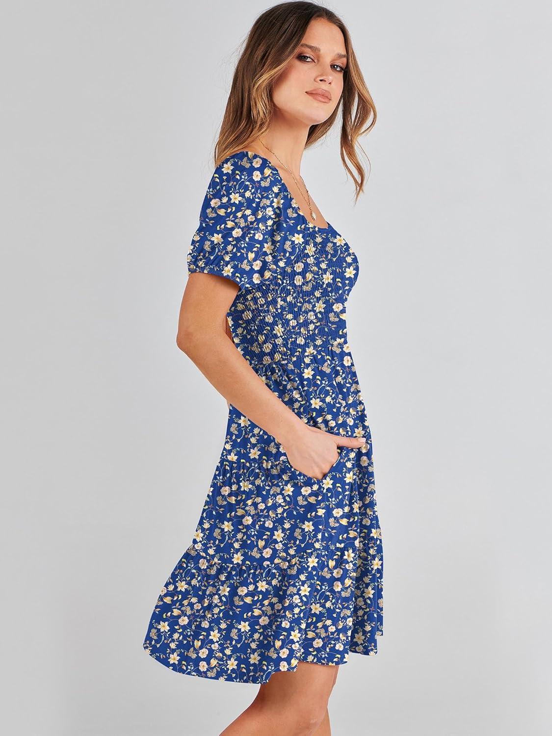 imageANRABESS Womens 2025 Summer Casual Dress Square Neck Puff Sleeve Boho Beach Vacation Short DressBlue Floral