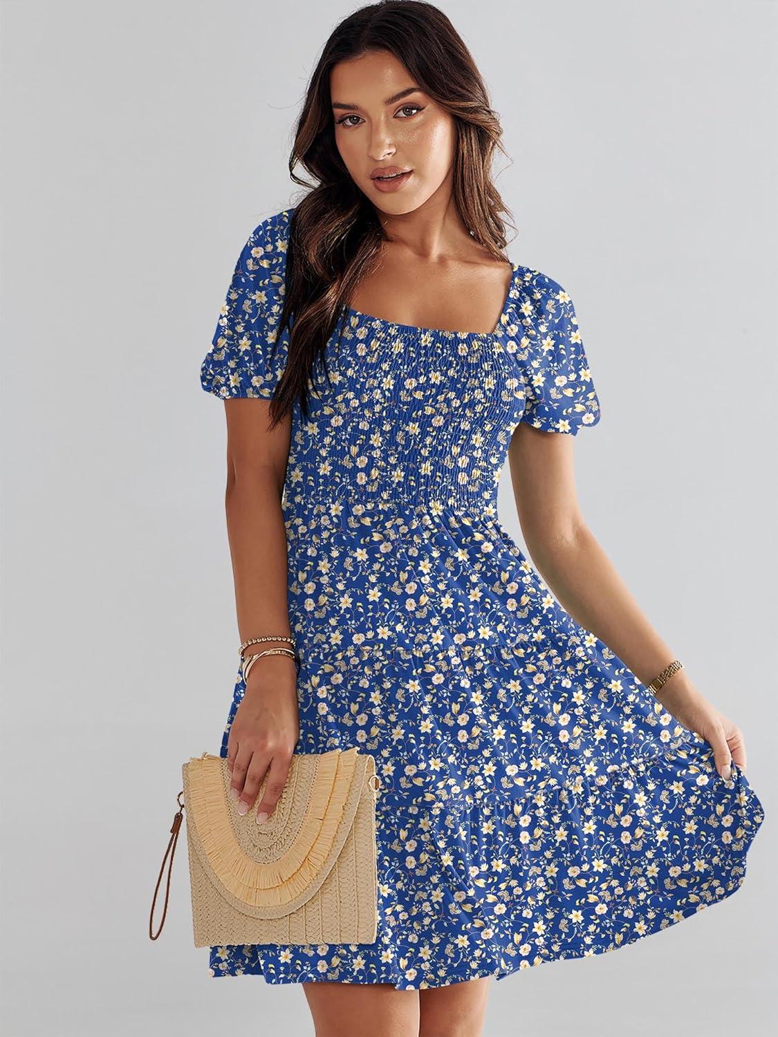 imageANRABESS Womens 2025 Summer Casual Dress Square Neck Puff Sleeve Boho Beach Vacation Short DressBlue Floral