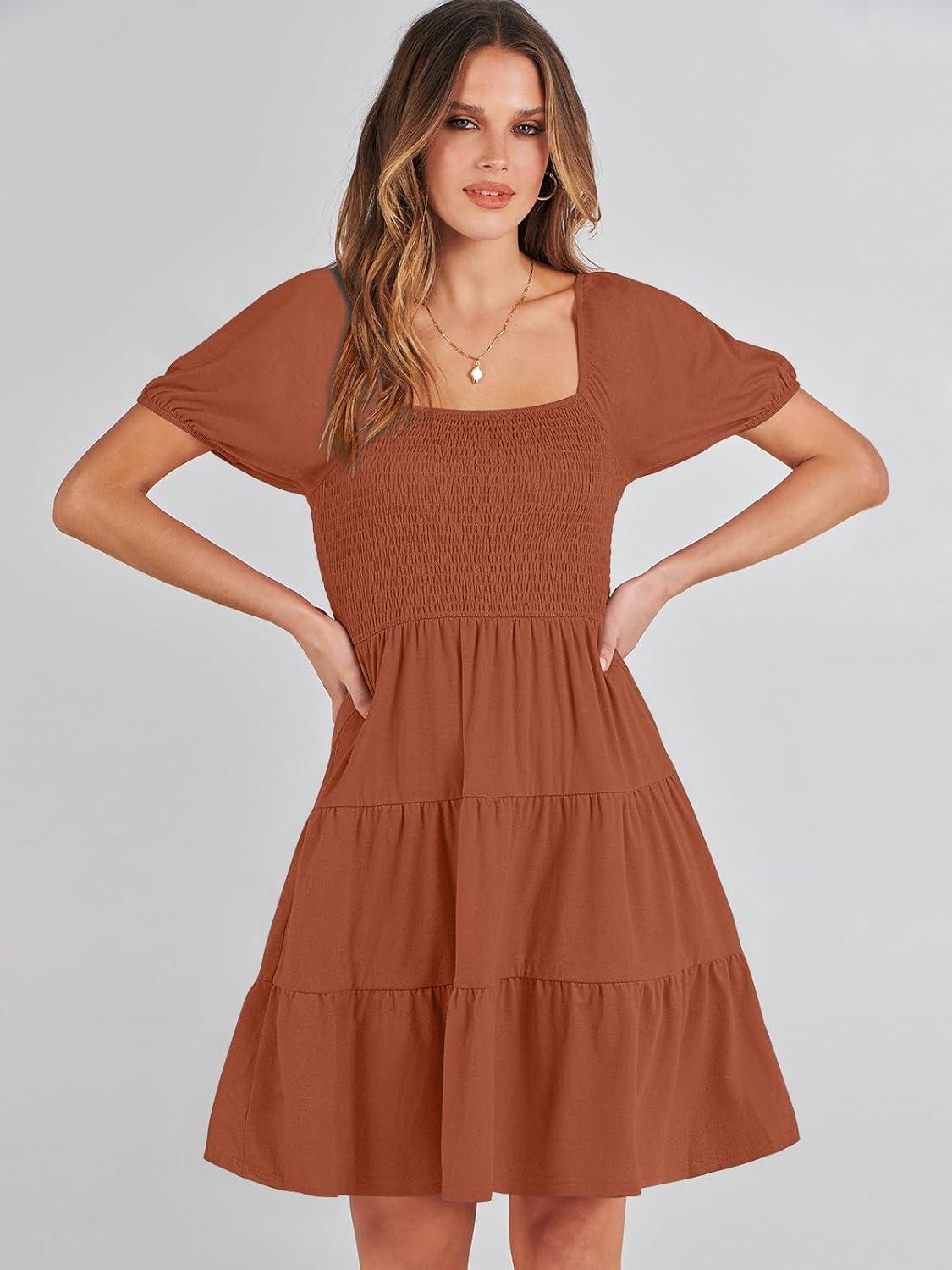 imageANRABESS Womens 2025 Summer Casual Dress Square Neck Puff Sleeve Boho Beach Vacation Short DressBrown