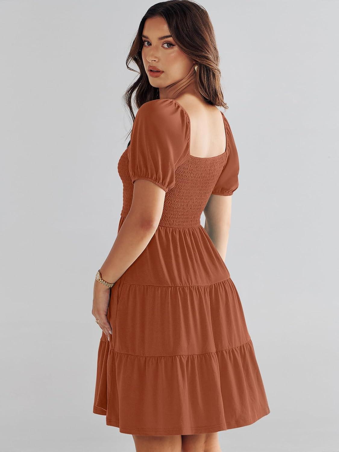 imageANRABESS Womens 2025 Summer Casual Dress Square Neck Puff Sleeve Boho Beach Vacation Short DressBrown