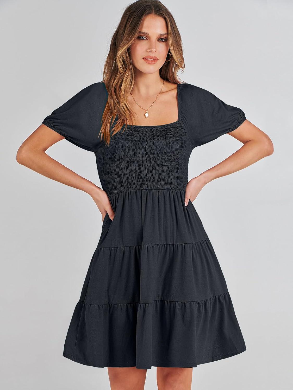 imageANRABESS Womens 2025 Summer Casual Dress Square Neck Puff Sleeve Boho Beach Vacation Short DressDark Blue