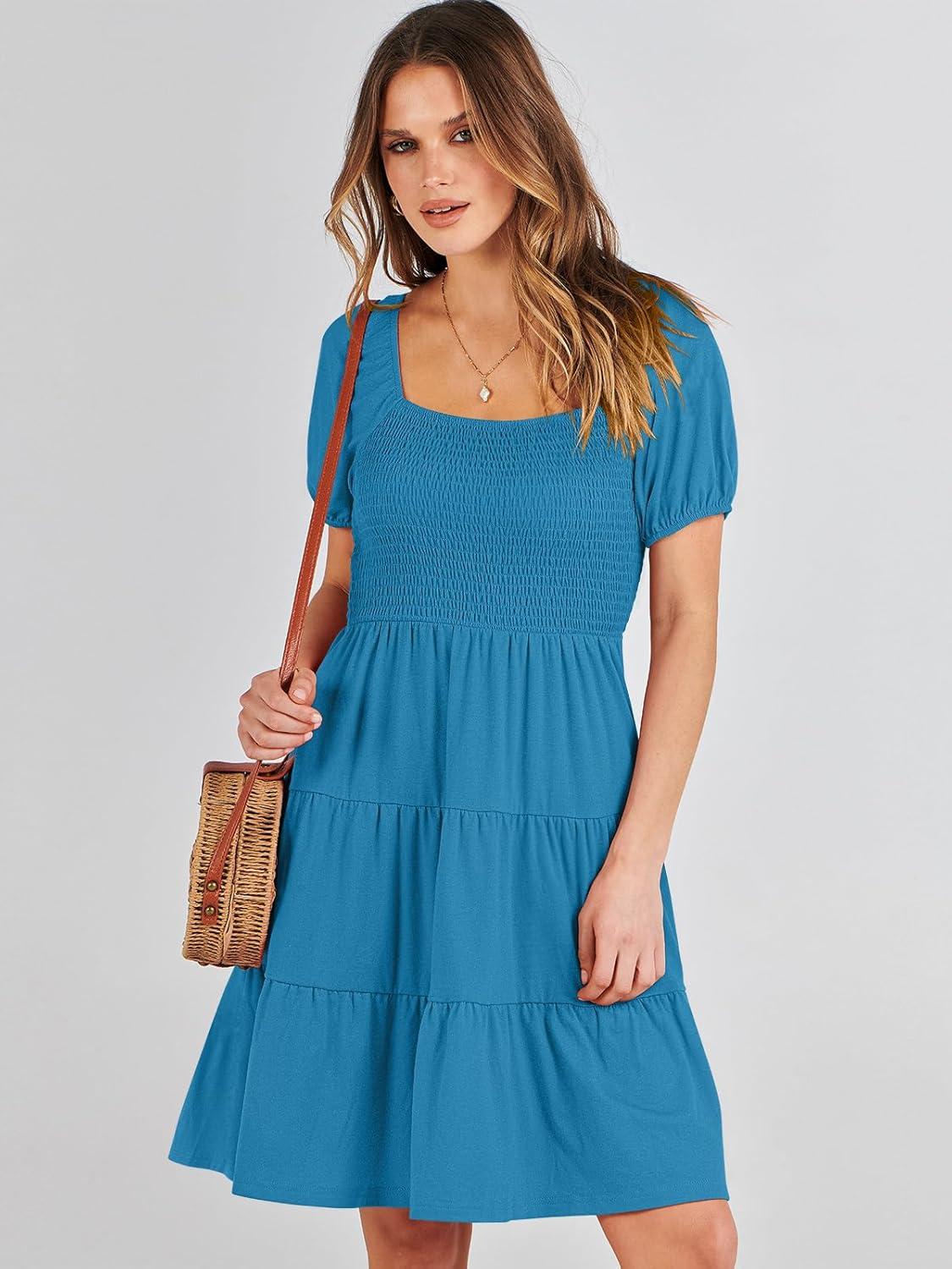 imageANRABESS Womens 2025 Summer Casual Dress Square Neck Puff Sleeve Boho Beach Vacation Short DressDeep Sky Blue