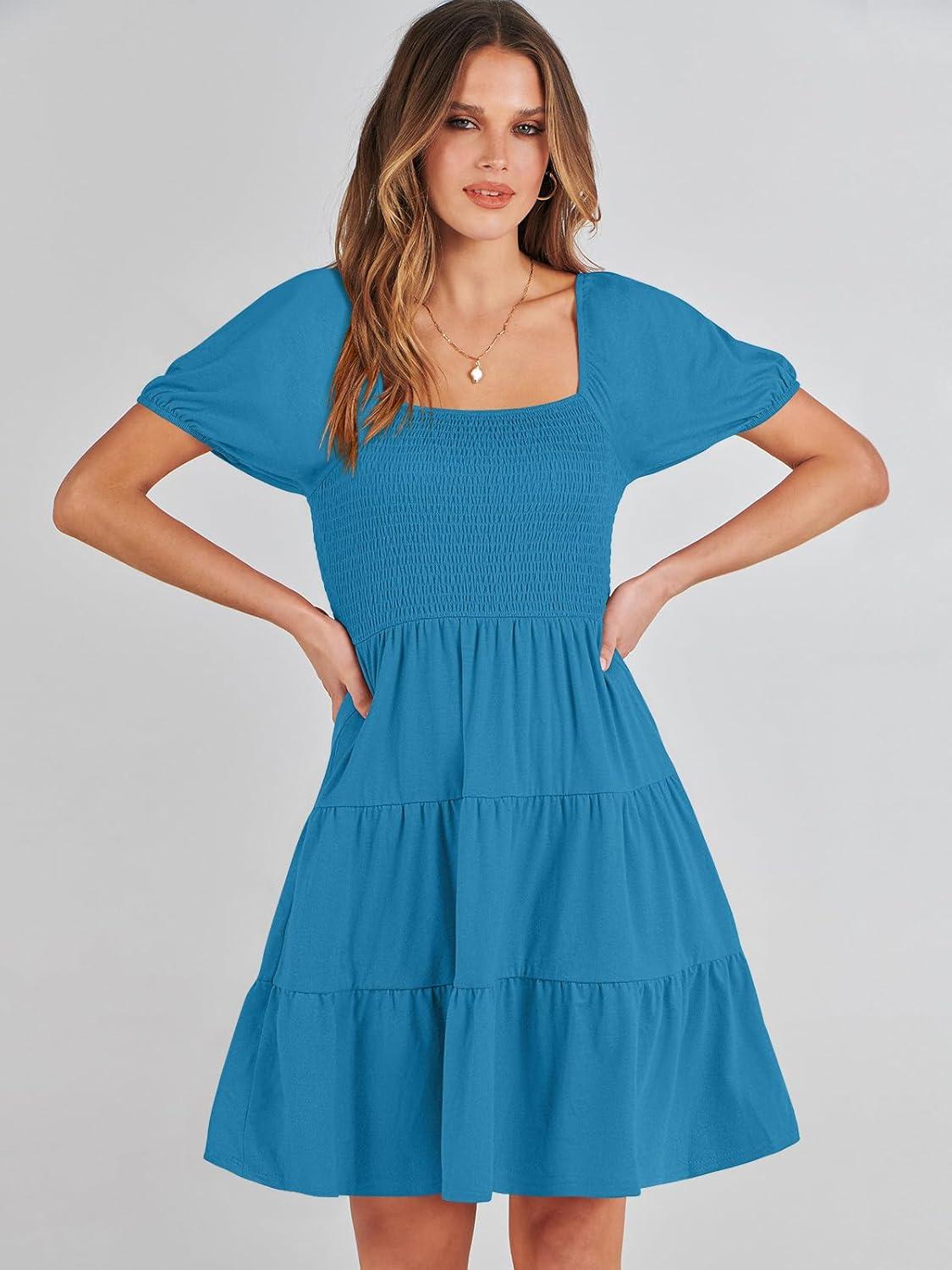 imageANRABESS Womens 2025 Summer Casual Dress Square Neck Puff Sleeve Boho Beach Vacation Short DressDeep Sky Blue