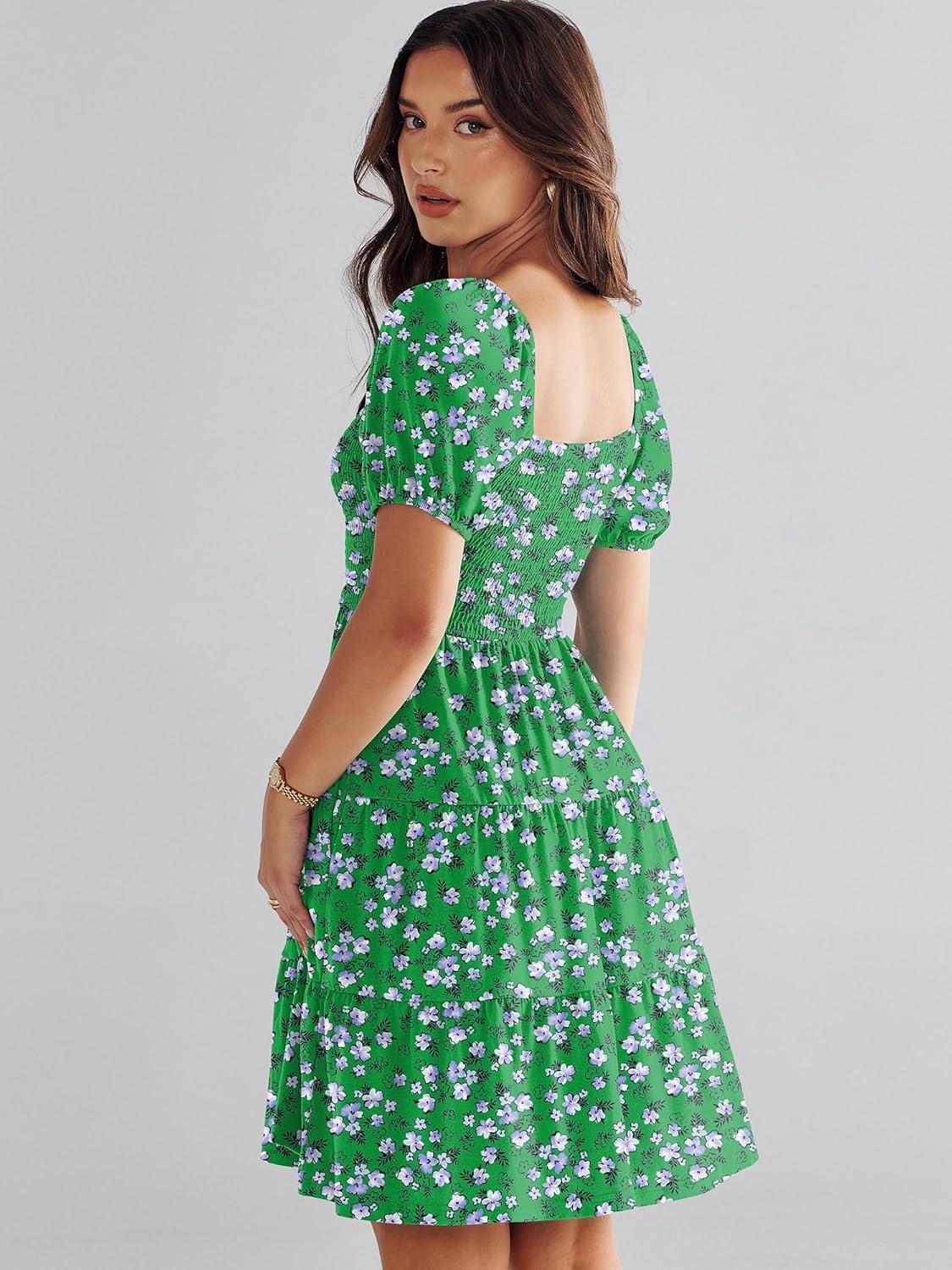 imageANRABESS Womens 2025 Summer Casual Dress Square Neck Puff Sleeve Boho Beach Vacation Short DressGreen Floral