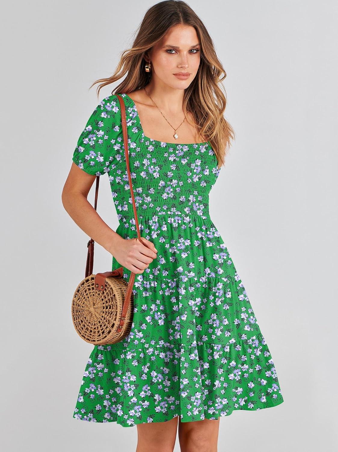 imageANRABESS Womens 2025 Summer Casual Dress Square Neck Puff Sleeve Boho Beach Vacation Short DressGreen Floral
